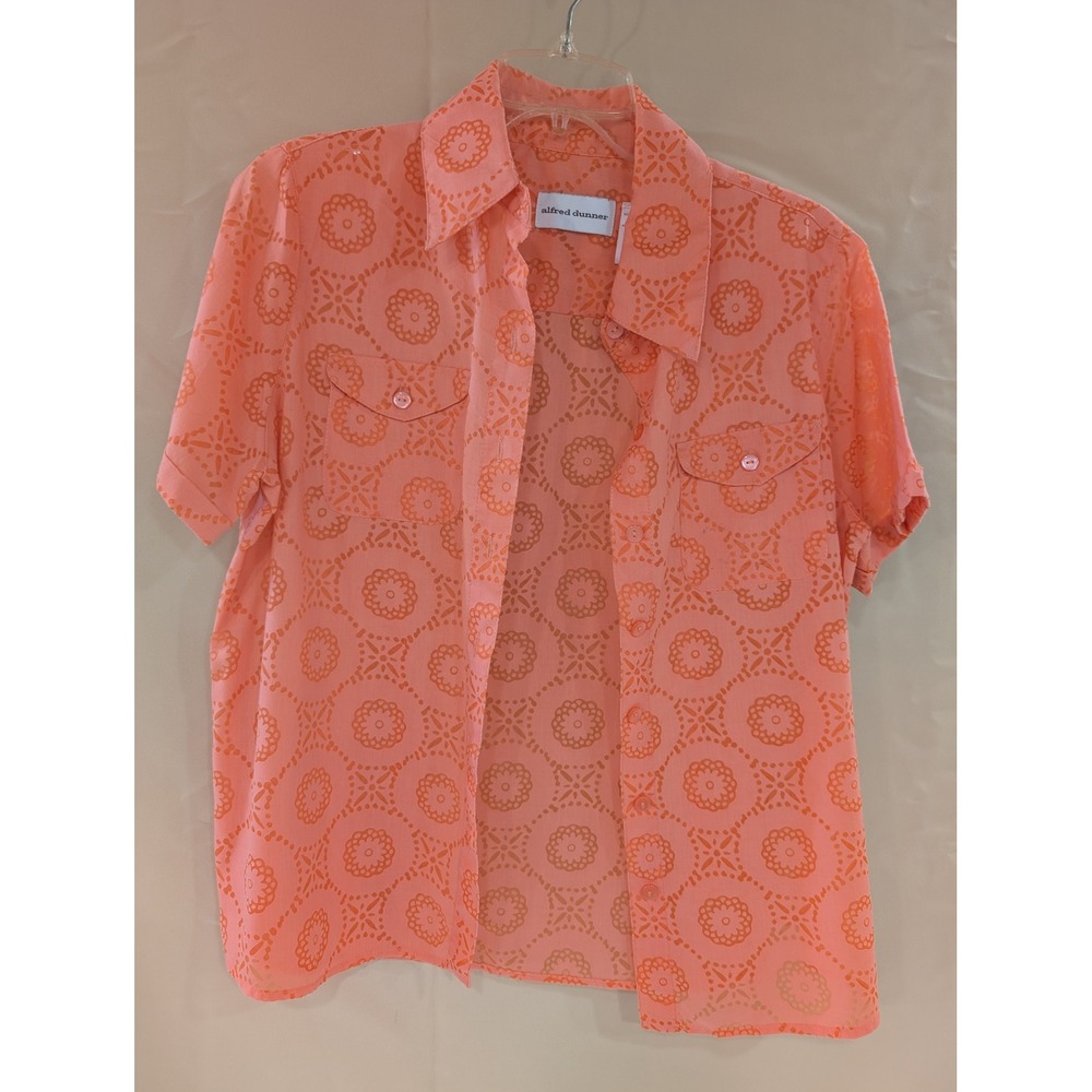Alfred Dunner Floral Eyelet Button Up Shirt Top Coral Orange Size 10 - STAINED - Picture 1 of 4